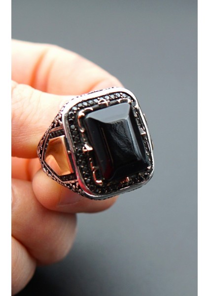 925 Ayar Gümüş Erkek Oltu Taşı Yüzük SY00089 fırsatları