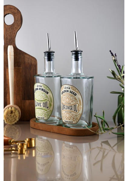 500ML Ahşap Stantlı Şeffaf Kalın Cam Elite Serisi Zeytinyağı ve Ayçiçek Yağı Şişesi
