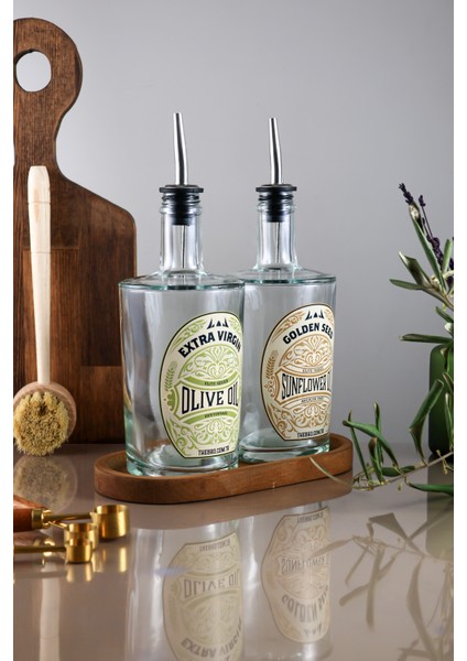 500ML Ahşap Stantlı Şeffaf Kalın Cam Elite Serisi Zeytinyağı ve Ayçiçek Yağı Şişesi fiyatları