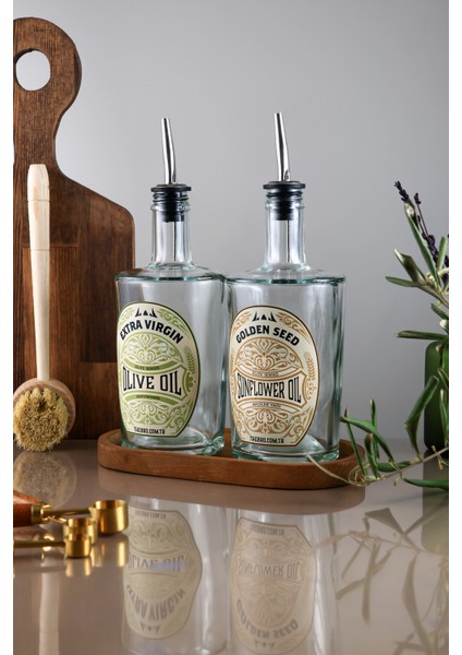 500ML Ahşap Stantlı Şeffaf Kalın Cam Elite Serisi Zeytinyağı ve Ayçiçek Yağı Şişesi modelleri