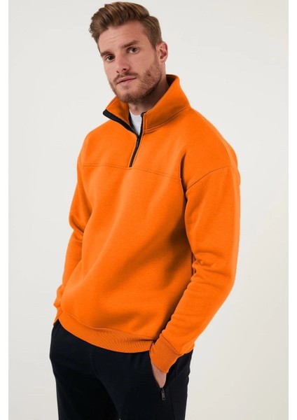 Oversize Yarım Farmuarlı Yakalı Basic Sweatshirt - Turuncu fiyatları