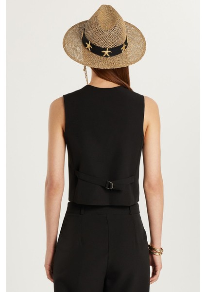 Kadın Standart Fit Sıfır Kol Kruvaze Yaka Düğmeli Siyah Yelek Pantolonlu Takım indirimleri