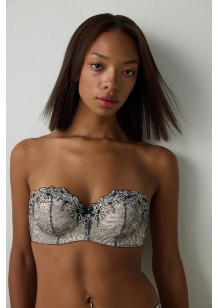 Leopar Desenli Lotus Brode Balenli Dolgusuz Straplez Sütyen