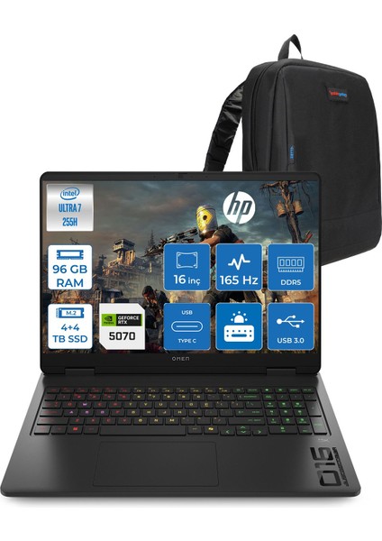 Omen Gaming Intel® Core™ Ultra 7 255H Aı Ddr5 96GB 4tb SSD +4tb SSD 8GB/RTX5070 16" 2k (1920 x 1200) 165 Hz, 3 Ms 400 Nits 100% Srgb Freedos Gaming Laptop CD8M2EAF48+ZETTAÇANTA