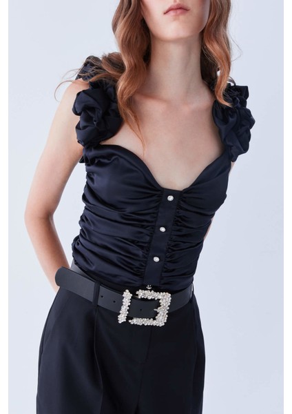 Kol Detaylı Drapeli Bluz Siyah Y2113149_001