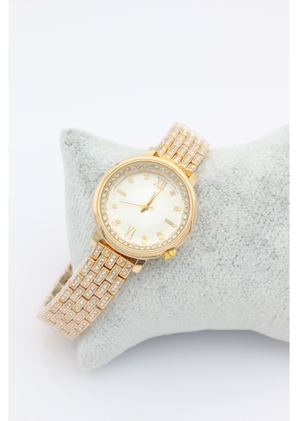 Stil Incisi Gold Luxury Watch, Beyaz Zirkon Taşlı Çelik Saat
