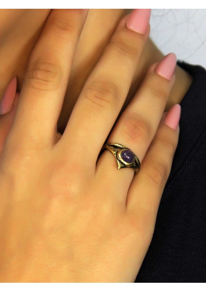 Doğal Taş Ametist Doğal Taşlı Antik Model Kadın Ayarlanabillir Yüzük EUY72AMT