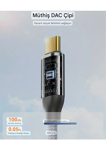 Type-C To 3.5mm Jack Aux Kulaklık Çevirici Dönüştürücü Hi-Fi Ses+Dac Çip Teknoloji Ce Lisanslı Sertifikalı Hasır Örgülü Sağlam Kablo