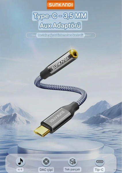 Type-C To 3.5mm Jack Aux Kulaklık Çevirici Dönüştürücü Hi-Fi Ses+Dac Çip Teknoloji Ce Lisanslı Sertifikalı Hasır Örgülü Sağlam Kablo