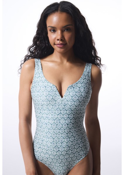 Yeşil Geometrik Desenli V Mayo