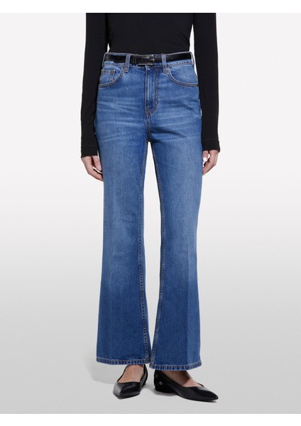 Pamuk Karışımlı Yüksek Bel Ispanyol Paça Denim Pantolon Kadın Buz Mavisi Denim Pantolon - 325P4MCPLE043