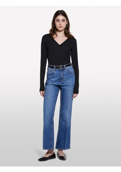 Pamuk Karışımlı Yüksek Bel Ispanyol Paça Denim Pantolon Kadın Buz Mavisi Denim Pantolon - 325P4MCPLE043 fırsatları