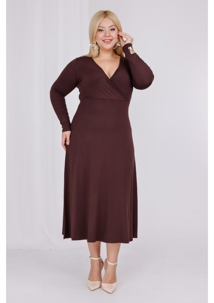 Kadın Kahve Kruvaze Yaka Büyük Beden Esnek Maxi Elbise fiyatları