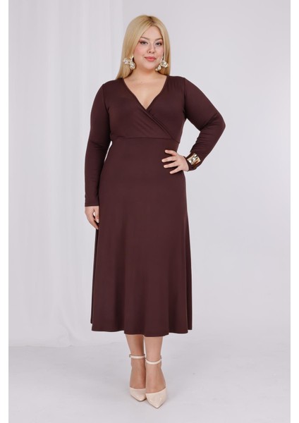 Kadın Kahve Kruvaze Yaka Büyük Beden Esnek Maxi Elbise modelleri