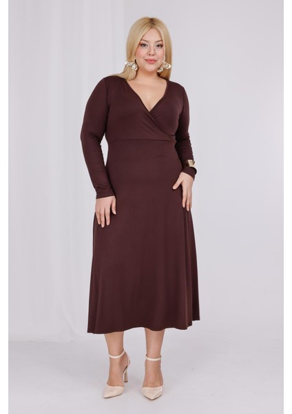 Kadın Kahve Kruvaze Yaka Büyük Beden Esnek Maxi Elbise fırsatları