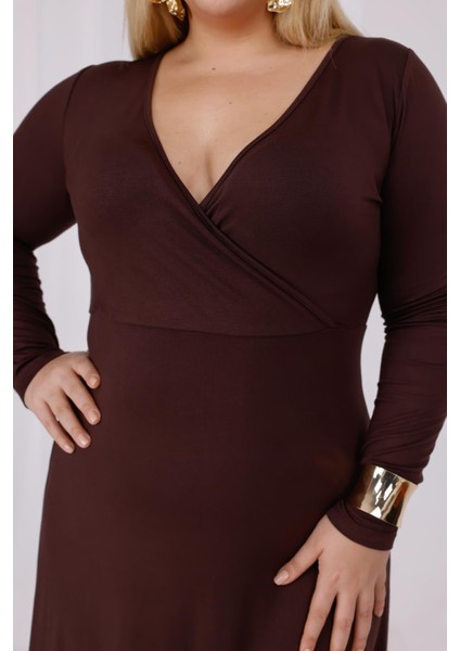 Kadın Kahve Kruvaze Yaka Büyük Beden Esnek Maxi Elbise indirimleri