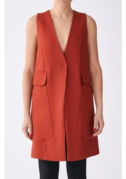 Cep Detaylı Uzun Rengi Kadın Yelek Kiremit K1917009_016