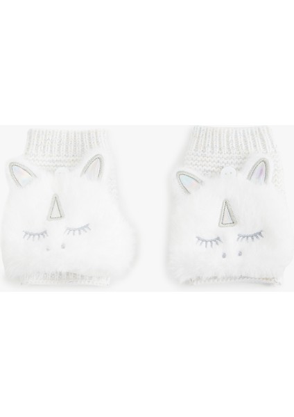 Peluş Detaylı Unicornlu Örgü Eldiven