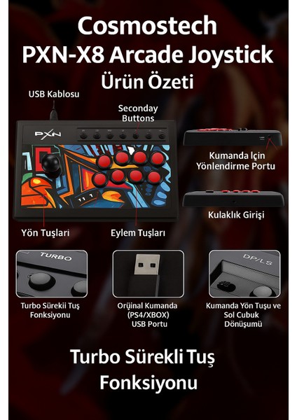 PXN X8 Arcade Fight Stick Joystick Dövüş Oyunları PS4, Xbox,N.Switch, PC Uyumlu Oyun Kolu fırsatları
