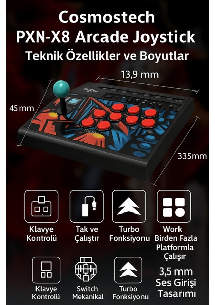 PXN X8 Arcade Fight Stick Joystick Dövüş Oyunları PS4, Xbox,N.Switch, PC Uyumlu Oyun Kolu