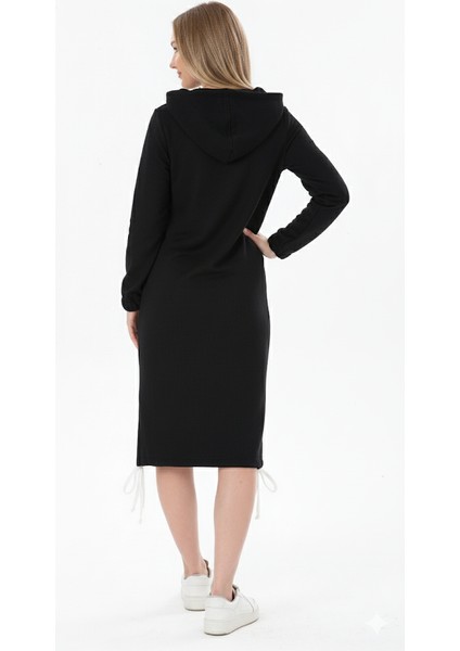 Kadın Uzun Boy Happy Women's Day Yazılı Siyah Kapüşonlu Cepli Elbise fırsatları