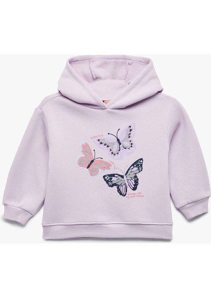 Uzun Kollu Kapşonlu Kelebek Baskılı Sweatshirt