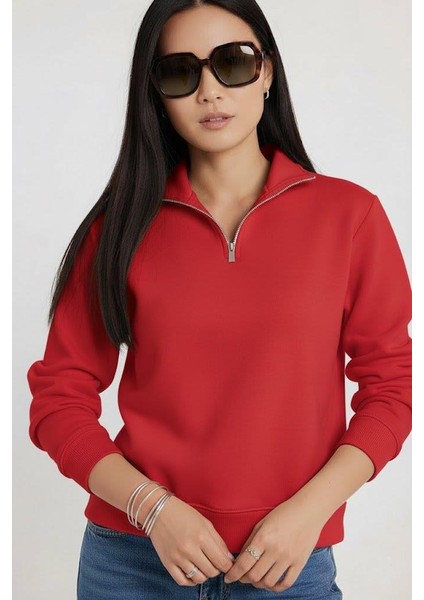 Kadın 3 Iplik Şardonlu Yarım Fermuarlı Kırmızı Sweatshirt – Içi Pamuklu Kalın Kumaş, Tam Kalıp Rahat Model