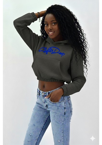 Kadın Neon Christian Drop Yazılı Kapüşonlu Crop Kesim Antrasit Sweatshirt Nakış Işlemeli