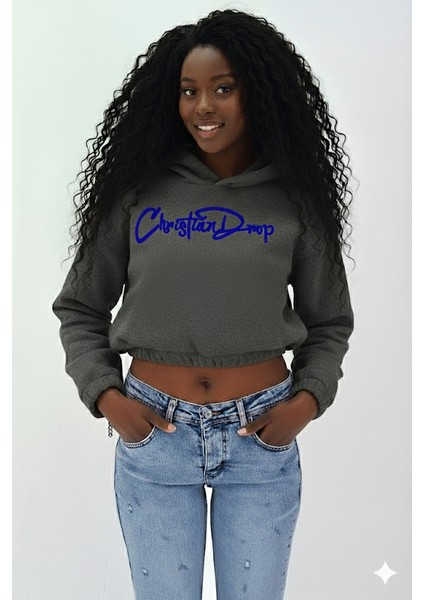 Kadın Neon Christian Drop Yazılı Kapüşonlu Crop Kesim Antrasit Sweatshirt Nakış Işlemeli fiyatları