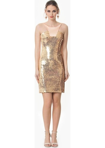 Payetli Yaka Detaylı Mini Gold Abiye Elbise Gold Y1611067_076