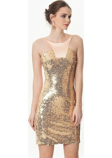 Payetli Yaka Detaylı Mini Gold Abiye Elbise Gold Y1611067_076 fiyatları