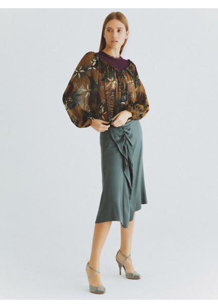 %100 İpek Büzgü Detaylı Etek Yeşil K2015083_012