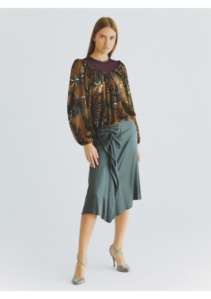 %100 İpek Büzgü Detaylı Etek Yeşil K2015083_012 fiyatları