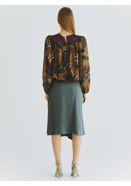 %100 İpek Büzgü Detaylı Etek Yeşil K2015083_012 modelleri