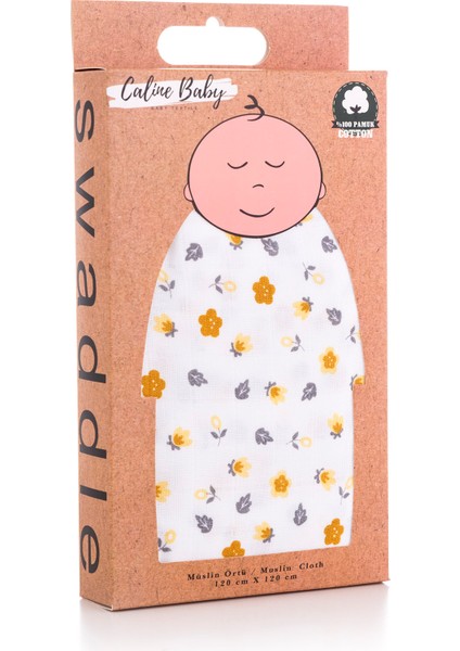 %100 Pamuk Premium & Hafif Müslin Bezi Örtüsü I 120X120 cm I Sarı I Çiçek Desenli & 4 Adet Ağız Mendili 27X27CM