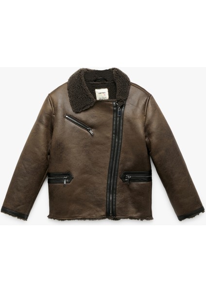 Fermuarlı Kruvaze Yaka Uzun Kollu Suni Süet Ceket