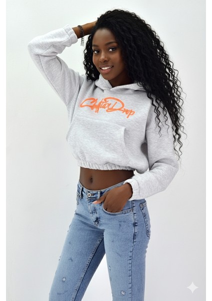Kadın Neon Christian Drop Yazılı Kapüşonlu Crop Kesim Gri Sweatshirt Nakış Işlemeli