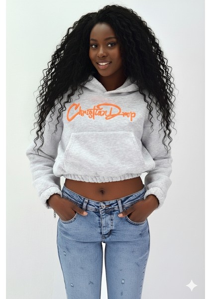 Kadın Neon Christian Drop Yazılı Kapüşonlu Crop Kesim Gri Sweatshirt Nakış Işlemeli fiyatları