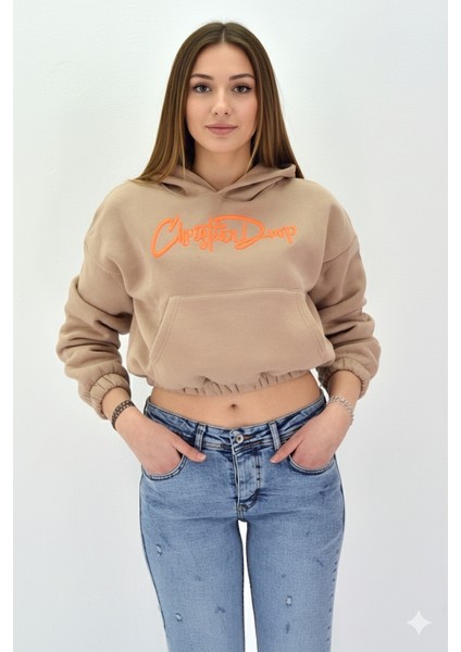 Kadın Neon Christian Drop Yazılı Kapüşonlu Crop Kesim Vizon Sweatshirt Nakış Işlemeli fiyatları