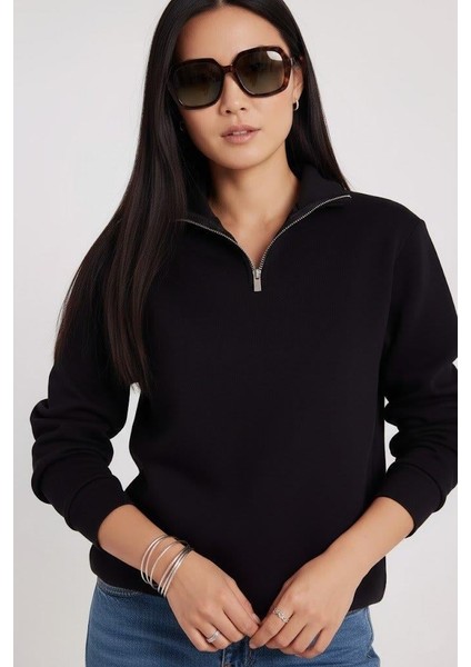 Kadın 3 Iplik Şardonlu Yarım Fermuarlı Siyah Sweatshirt – Içi Pamuklu Kalın Kumaş, Tam Kalıp Rahat Model
