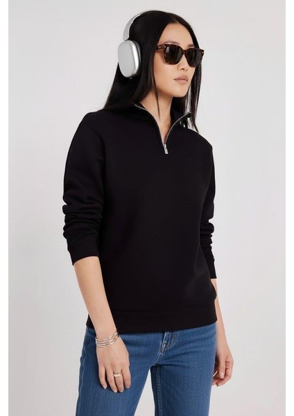 Kadın 3 Iplik Şardonlu Yarım Fermuarlı Siyah Sweatshirt – Içi Pamuklu Kalın Kumaş, Tam Kalıp Rahat Model fiyatları