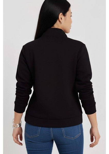 Kadın 3 Iplik Şardonlu Yarım Fermuarlı Siyah Sweatshirt – Içi Pamuklu Kalın Kumaş, Tam Kalıp Rahat Model modelleri