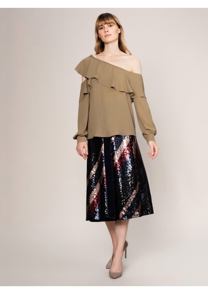 Tek Omuz Fırfırlı Bluz Vizon K1913051_014