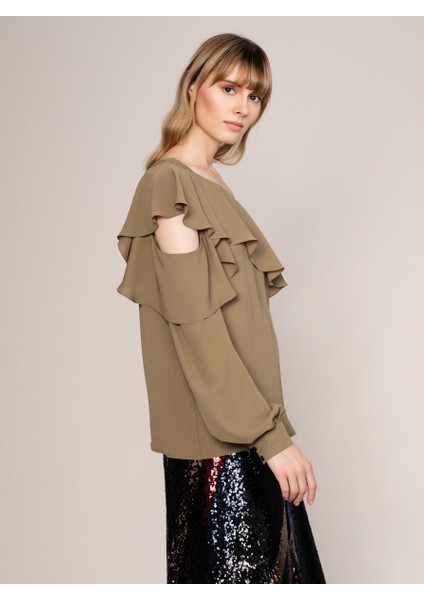 Tek Omuz Fırfırlı Bluz Vizon K1913051_014 modelleri