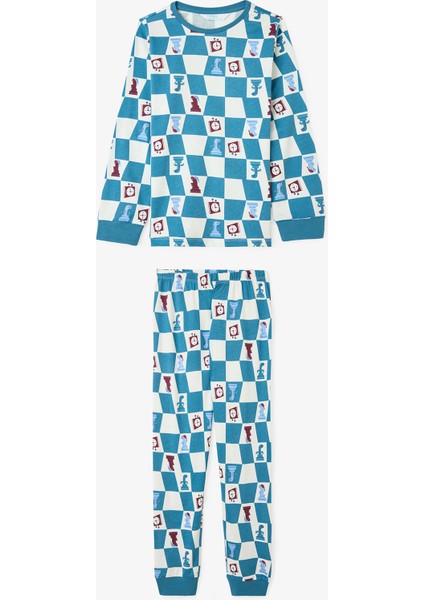 Erkek Çocuk Chess Time Dinozor Desenli Uzun Kollu Pamuklu 2'li Pijama Takımı