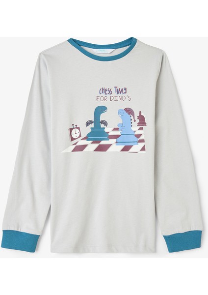 Erkek Çocuk Chess Time Dinozor Desenli Uzun Kollu Pamuklu 2'li Pijama Takımı