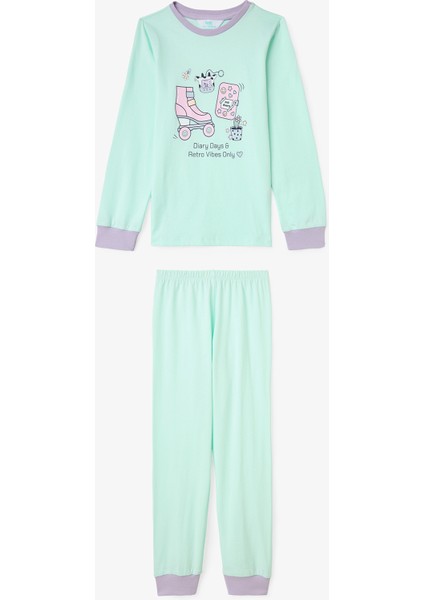 Kız Çocuk Retro Oyuncak Desenli Pamuklu Uzun Kollu 2'li Pijama Takımı