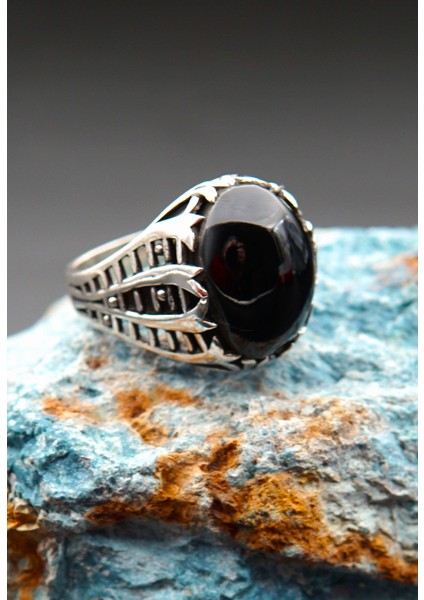 925 Ayar Gümüş Erkek Oltu Taşı Yüzük SY00094