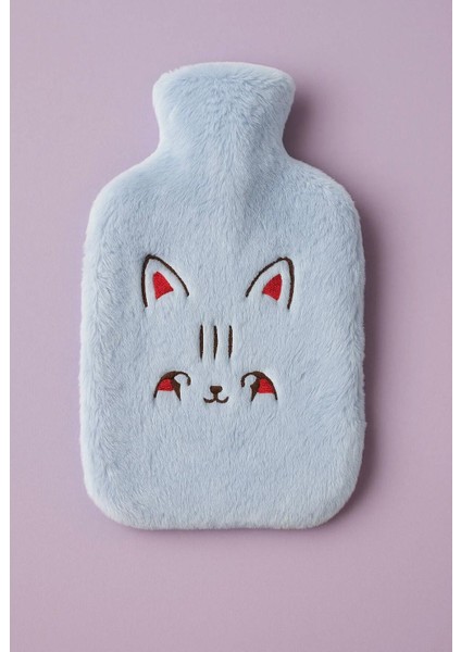 Peluş Kılıflı Mavi Renkli Kedi Emojili Sıcak Su Torbası Cepli El Geçmeli Sıcak Su Torbası 2lt