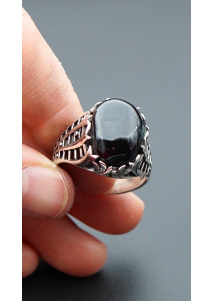 925 Ayar Gümüş Erkek Oltu Taşı Yüzük SY00094 fırsatları